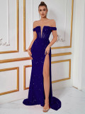 Women’s Sequin Velvet Patchwork Off Shoulder High Side Slit Evening Dress
