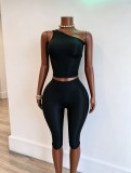 Women’s Slash Shoulder Solid Color Slim Fit High Stretch Knee Length Shorts Set