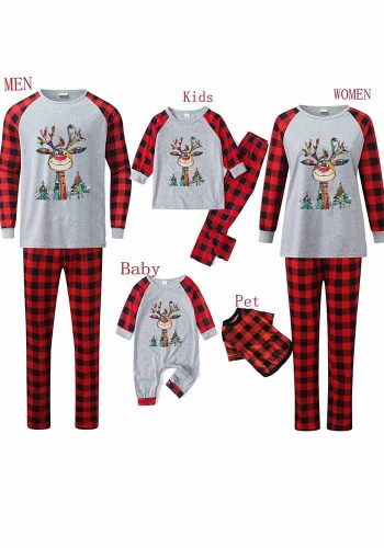 Christmas Family Matching Plaid Reindeer Print Casual Cotton Pajama Set