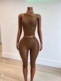 Women’s Slash Shoulder Solid Color Slim Fit High Stretch Knee Length Shorts Set