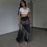 Women’s Fall Winter Washed Denim High Waist Pants with Rhinestone Fringe Details