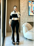 Women’s Two Piece Contrast Color Set Zip Up Turn Down Collar Hoodie and High Waist Slight Flare Pants