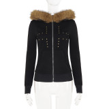Women’s Fall Winter Streetwear Cropped Slim Fit Zip Up Hoodie Jacket with Rivet Details and Faux Fur Collar
