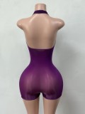 Women’s High Stretch Shiny Mesh Halter Neck See Through Bodycon Jumpsuit