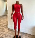 Women’s Slash Shoulder Solid Color Slim Fit High Stretch Knee Length Shorts Set