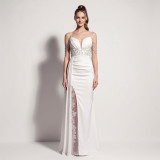 Women’s Formal Party Beaded Satin Strap Chiffon Patchwork Maxi Dress with Mesh Ribbon Details