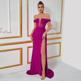 Women’s Sequin Velvet Patchwork Off Shoulder High Side Slit Evening Dress