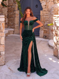 Women’s Sequin Velvet Patchwork Off Shoulder High Side Slit Evening Dress