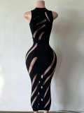Women’s Sleeveless Round Neck Cutout See Through Bodycon Maxi Dress