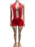 Women’s Summer Solid Color Halter Neck Low Back Tie Front Romper