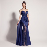 Women’s Formal Party Beaded Satin Strap Chiffon Patchwork Maxi Dress with Mesh Ribbon Details
