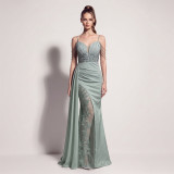 Women’s Formal Party Beaded Satin Strap Chiffon Patchwork Maxi Dress with Mesh Ribbon Details