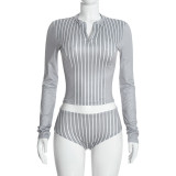 Women Casual Striped Zipper Long Sleeve Top & Shorts Sexy Two Piece Set