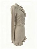 Women Fall Winter Turndown Collar Button Long Sleeve Top & Ruffle Skirt Two Piece Set