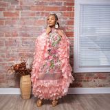 Custom Women Round Neck Floral Print Pleated Bat Sleeves Feather Patchwork Maxi Dress (Made after Order ,need 15 DAYS)