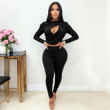 Women Fall Long Sleeve Ruched Hollow Out Top & Pants Two Piece Set