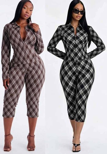 Women Fall Winter Sexy Plaid Print Top & Pant Two Piece Set