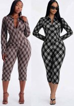 Women Fall Winter Sexy Plaid Print Top & Pant Two Piece Set Women Fall Winter Sexy Plaid Print Top & Pant Two Piece Set