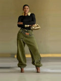 Women Layered Wear Washed Denim Wide Leg Trousers
