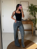 Women Sparkly Rhinestone Casual Denim Wide Leg Pants
