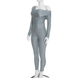 Women Fall Solid Slash Shoulder Long Sleeve Top & Trousers Two Piece Set