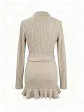 Women Fall Winter Turndown Collar Button Long Sleeve Top & Ruffle Skirt Two Piece Set