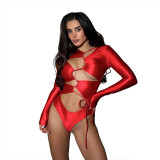 Women Sexy Hollow Out Lace-Up Long Sleeve Bodysuit Lingerie