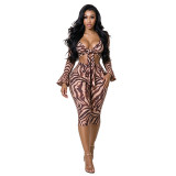 Women Printed Striped Sexy Hollow Out Lace-Up Long Sleeve Top & Pant Two Piece Set