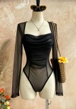 Women See-Through Mesh Long Sleeve Square Neck Ruched Corset Sexy Bodysuit