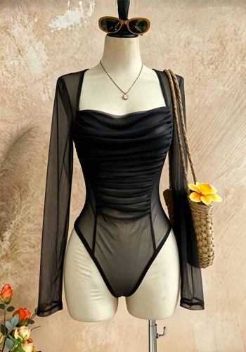 Women See-Through Mesh Long Sleeve Square Neck Ruched Corset Sexy Bodysuit