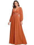 Women V-Neck Long Sleeve Floor Length Pleated Chiffon Dress（Processing time need 3-6 days）
