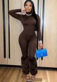 Women Fall Solid High Neck Long Sleeve Patchwork Furry Jumpsuit