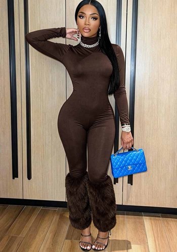 Women Fall Solid High Neck Long Sleeve Patchwork Furry Jumpsuit