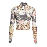 Women Sexy See-Through Mesh Long Sleeve High Neck Hollow Out Top