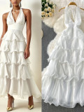 Women V-Neck Halter Neck Sleeveless Patchwork Cake Elegant Casual Maxi Dress