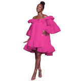Women Casual Off Shoulder Ruffle Bell Sleeve Smocked Dress