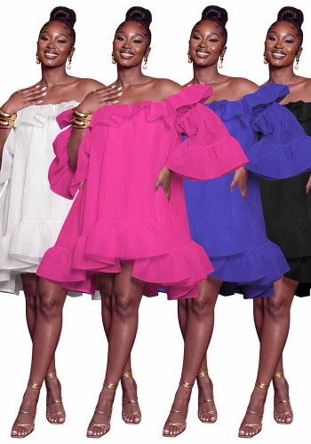 Women Casual Off Shoulder Ruffle Bell Sleeve Smocked Dress