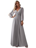 Women V-Neck Long Sleeve Floor Length Pleated Chiffon Dress（Processing time need 3-6 days）