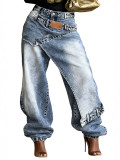 Women Layered Wear Washed Denim Wide Leg Trousers