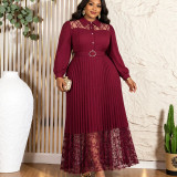 Plus Size Women Burgundy Lace Turndown Collar Long Sleeve Pleated Formal Party Maxi Dress