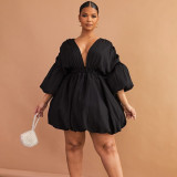 Plus Size Women Fall Winter Solid V-Neck Puff Sleeve Dress