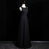 Women Black Sleeveless Long Rhinestone Round Neck Formal Party Evening Dress（Processing time need 3-6 days）