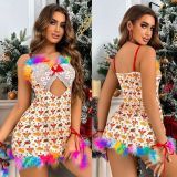 Women Rainbow Feather Lace Print Backless Sexy Strap Dress Lingerie