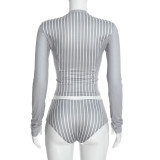 Women Casual Striped Zipper Long Sleeve Top & Shorts Sexy Two Piece Set