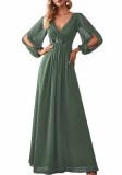 Women V-Neck Long Sleeve Floor Length Pleated Chiffon Dress（Processing time need 3-6 days）