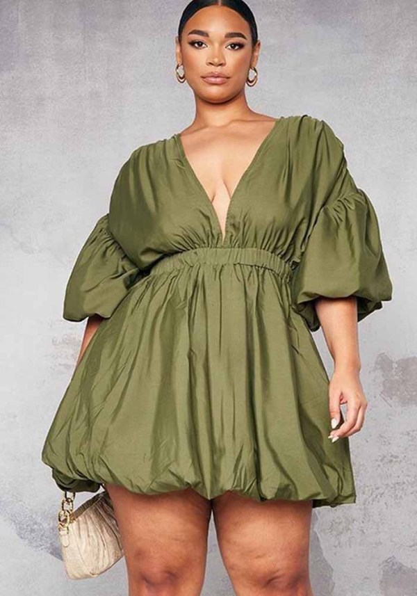 Plus Size Women Fall Winter Solid V-Neck Puff Sleeve Dress
