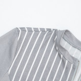 Women Casual Striped Zipper Long Sleeve Top & Shorts Sexy Two Piece Set