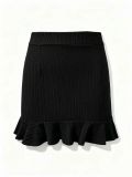 Women Fall Winter Turndown Collar Button Long Sleeve Top & Ruffle Skirt Two Piece Set