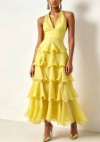 Women V-Neck Halter Neck Sleeveless Patchwork Cake Elegant Casual Maxi Dress