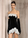 Women Black Velvet Strapless Ruffle Patchwork Formal Party Dress